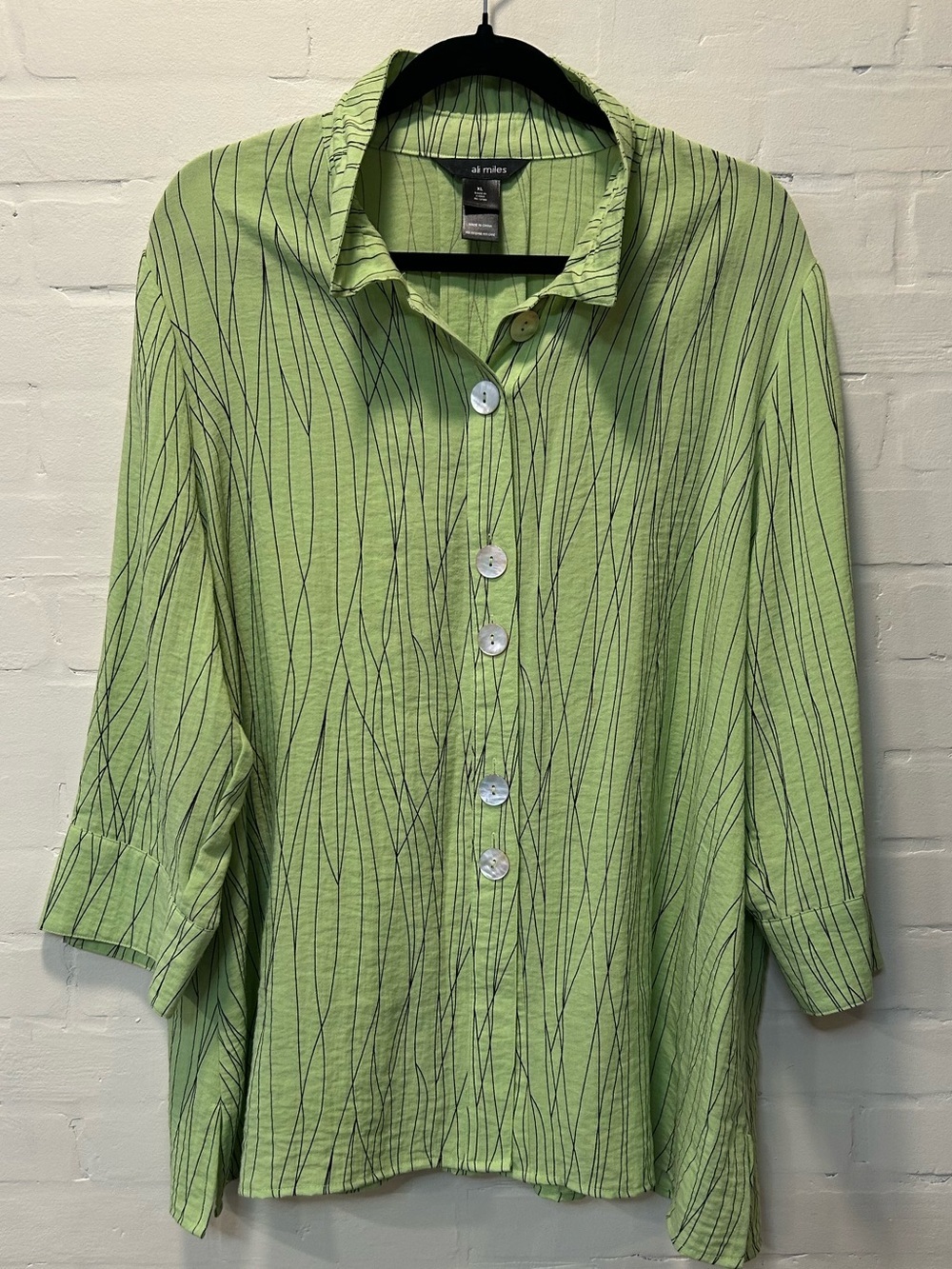 Ali Miles Lagenlook Tunic Green Abstract Print Wired Collar XL Oversized Boho